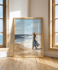 Beach Woman Art Print with calming Blue, White, and Beige for office wall
