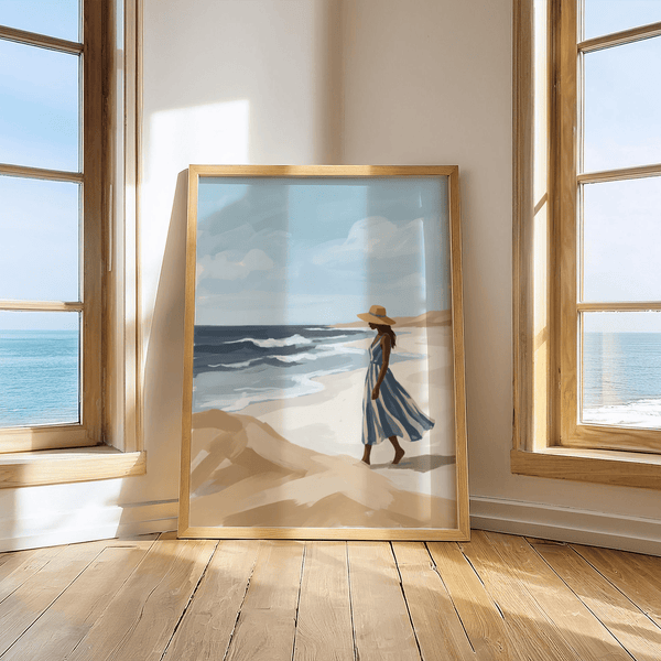 Beach Woman Art Print with calming Blue, White, and Beige for office wall