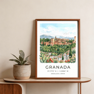 Foreground detail wall art print featuring cactus, pomegranates, and flowering plants