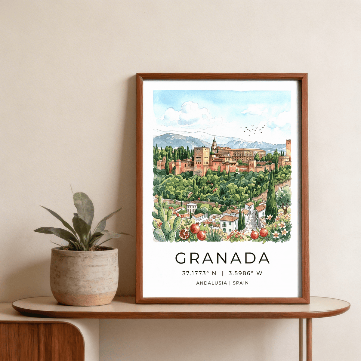 Foreground detail wall art print featuring cactus, pomegranates, and flowering plants