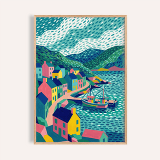 Framed Colorful Coastal Art Print with boats and colourful houses in a vibrant style