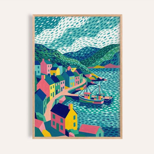 Colorful Coastal Art Print with Blue, Pink, and Green for living room wall art.