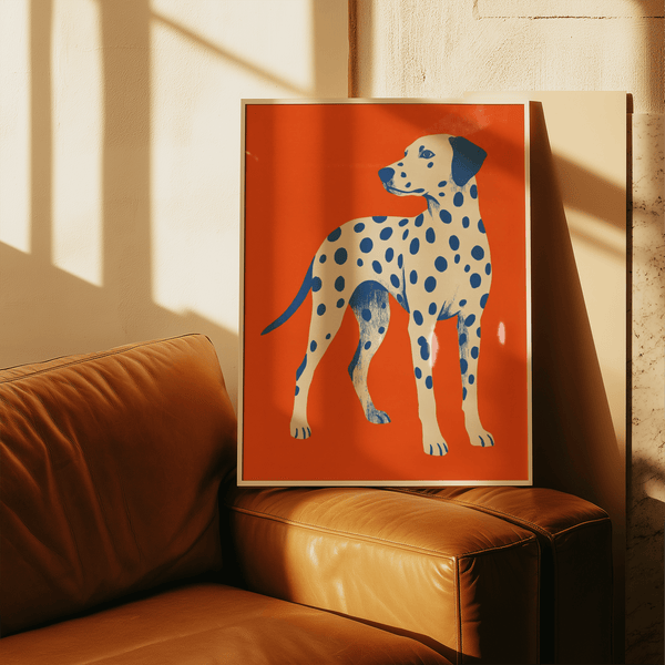 Playful Dalmatian Dog Art Print featuring Blue accents for hallway setting