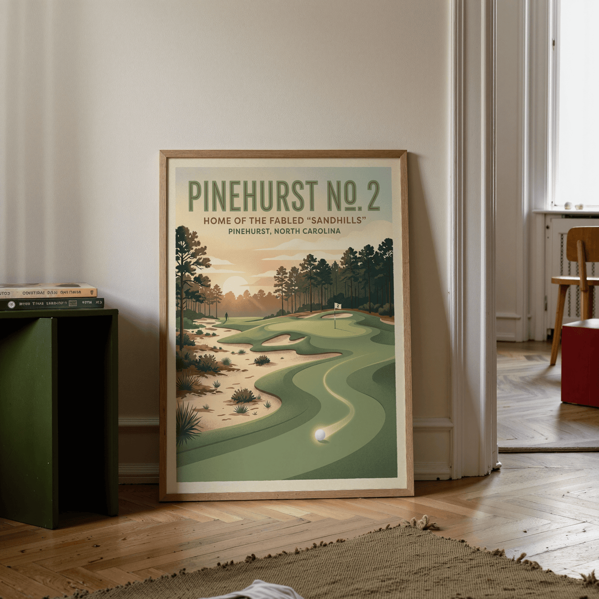 Displaying Pinehurst Golf Course Art Print with flag marked 2, sandhills terrain, and layered pines in the distance
