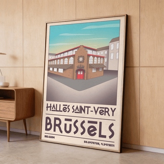 Close view of Brussels travel poster typography reading Brussels and Halles Saint-Very
