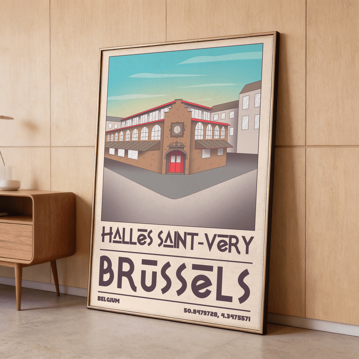 Close view of Brussels travel poster typography reading Brussels and Halles Saint-Very