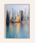 City Skyline Art Print with blue and orange for living room wall art