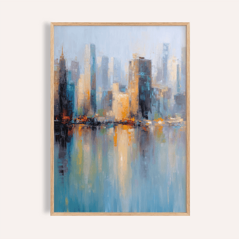 City Skyline Art Print with blue and orange for living room wall art