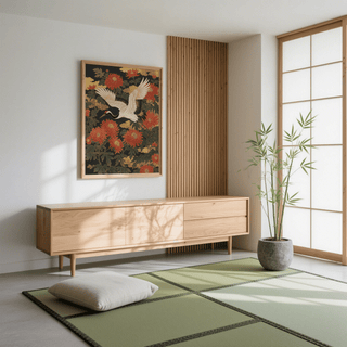 Crane Floral Art Print with Red flowers and Beige accents for entryway