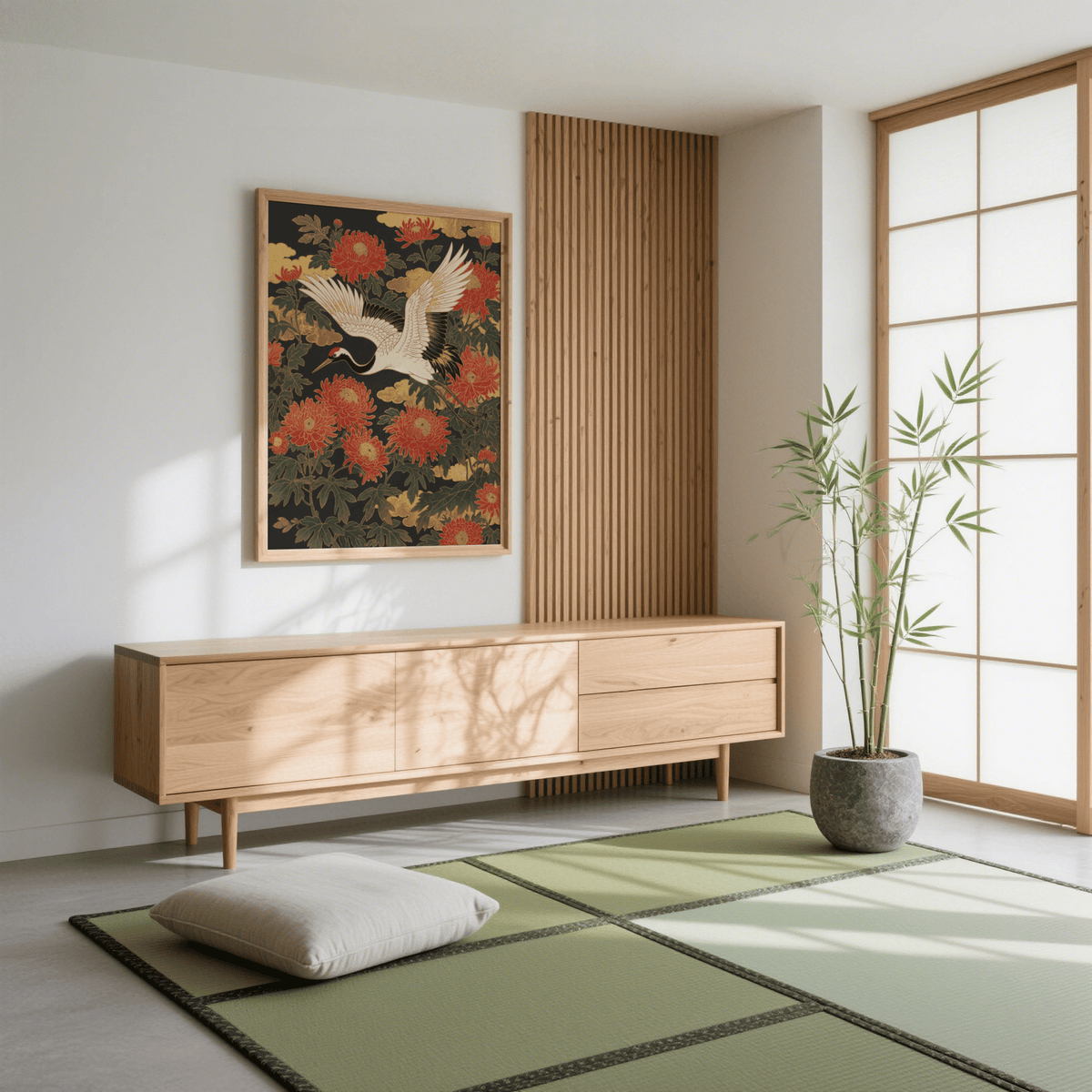 Crane Floral Art Print with Red flowers and Beige accents for entryway