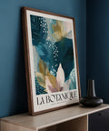 Modern botanical artwork with teal leaves and white dotted accents