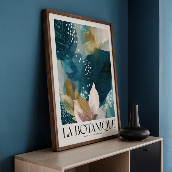 Modern botanical artwork with teal leaves and white dotted accents