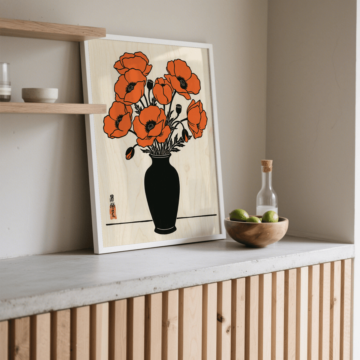 Floral Wall Art Poster displaying orange florals, beige background, for entryway poster