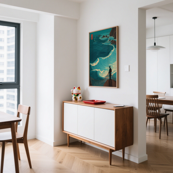 Ocean Fisherman Wall Art graphic seascape with diagonal shoreline composition