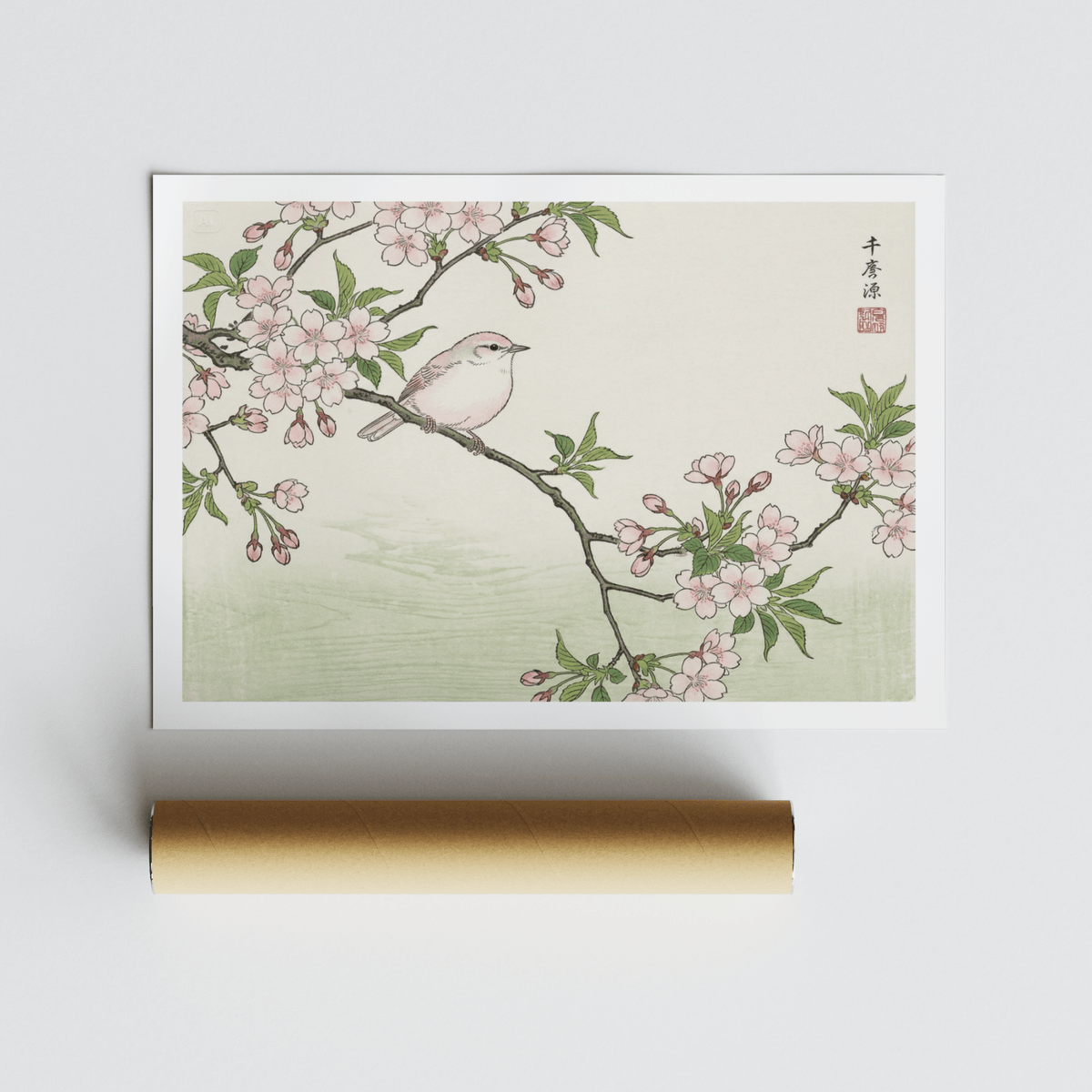 Airy botanical art print with bird, cherry blossoms, and subtle border