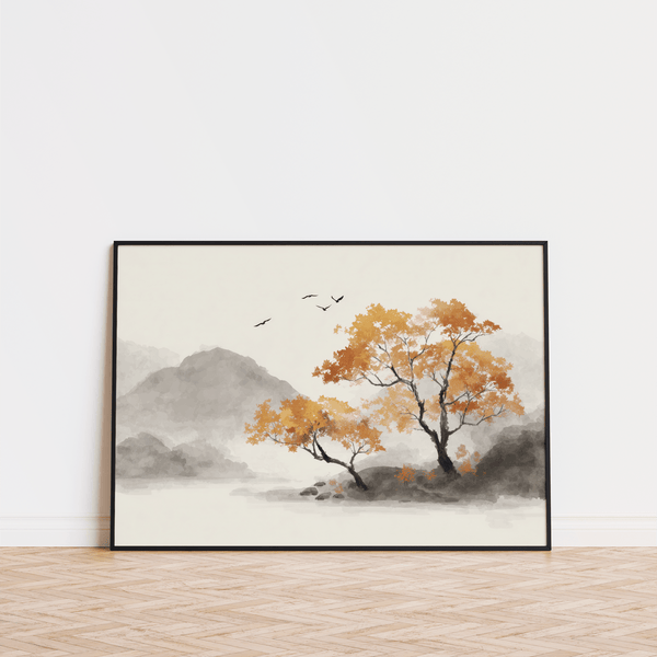 Rustic hallway wall art Autumn Tree Art Print gray and orange colors