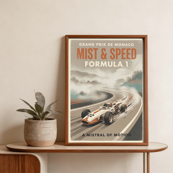 Lower area poster print reading "A Mistral of Motion" beneath a curving racetrack scene