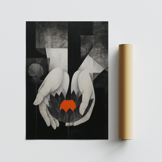 Monochrome geometric composition with hands and lotus wall art poster, Padma Wall Art
