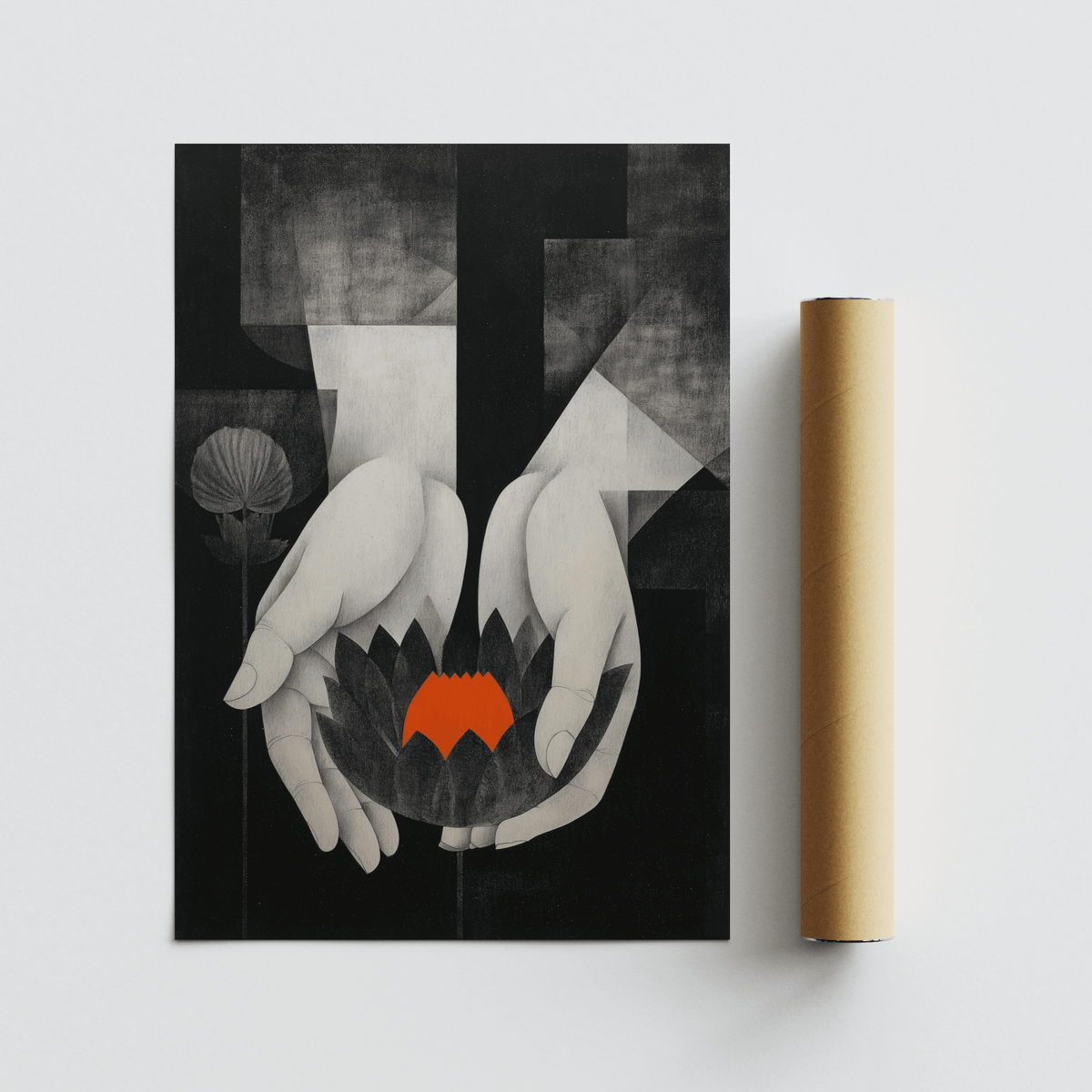 Monochrome geometric composition with hands and lotus wall art poster, Padma Wall Art
