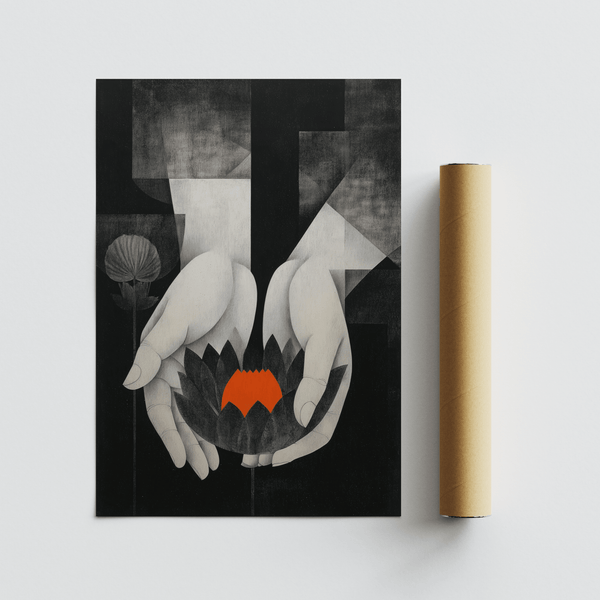 Monochrome geometric composition with hands and lotus wall art poster, Padma Wall Art