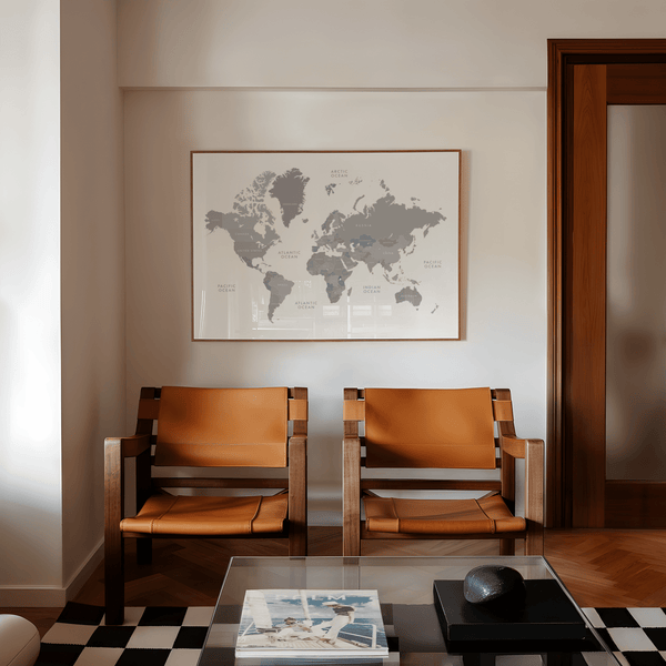 World Map Art decor for reading nook, Gray with White background