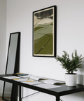 Rolling fairway landscape poster with golf ball and simplified clouds