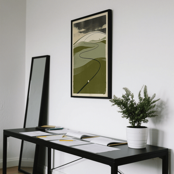 Rolling fairway landscape poster with golf ball and simplified clouds