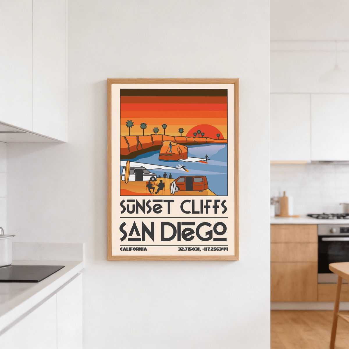 Scene detail of surfers and shoreline in a retro San Diego wall art print
