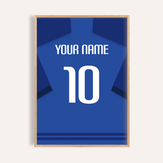 Football Shirt Poster in Blue with Dark Blue Sleeves and White Number