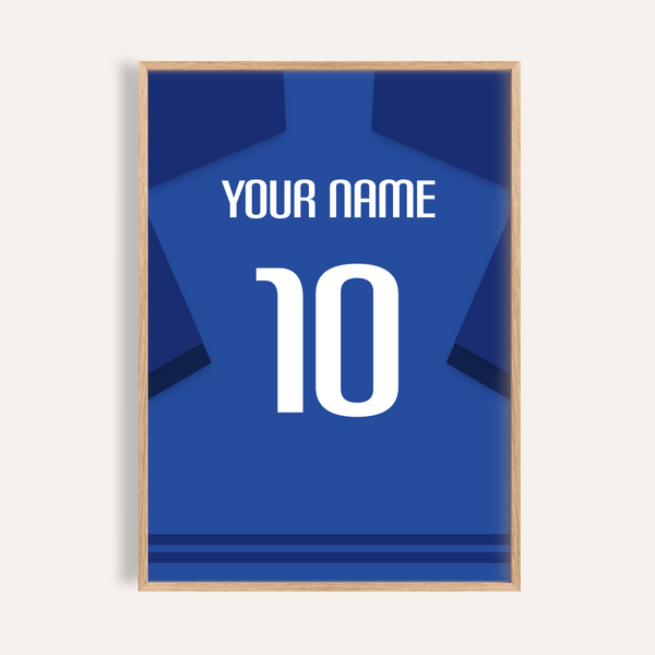 Centered Everton Football Shirt Poster showing blue jersey back with YOUR NAME and number 10