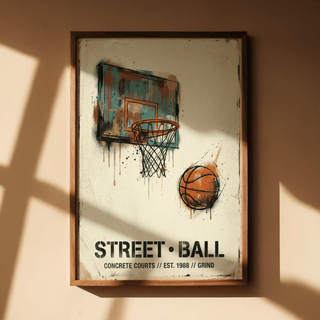 Urban sports poster print featuring a rim and net over a worn backboard