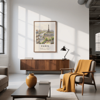 City skyline print showing arched bridges across the Seine with boats and buildings