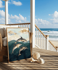 Stylish Dolphins Poster with blue and gold for nursery wall art