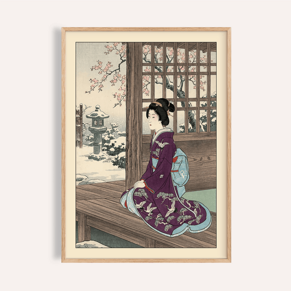 Hasui Kawase geisha print showing seated figure on wooden veranda with blossom branches