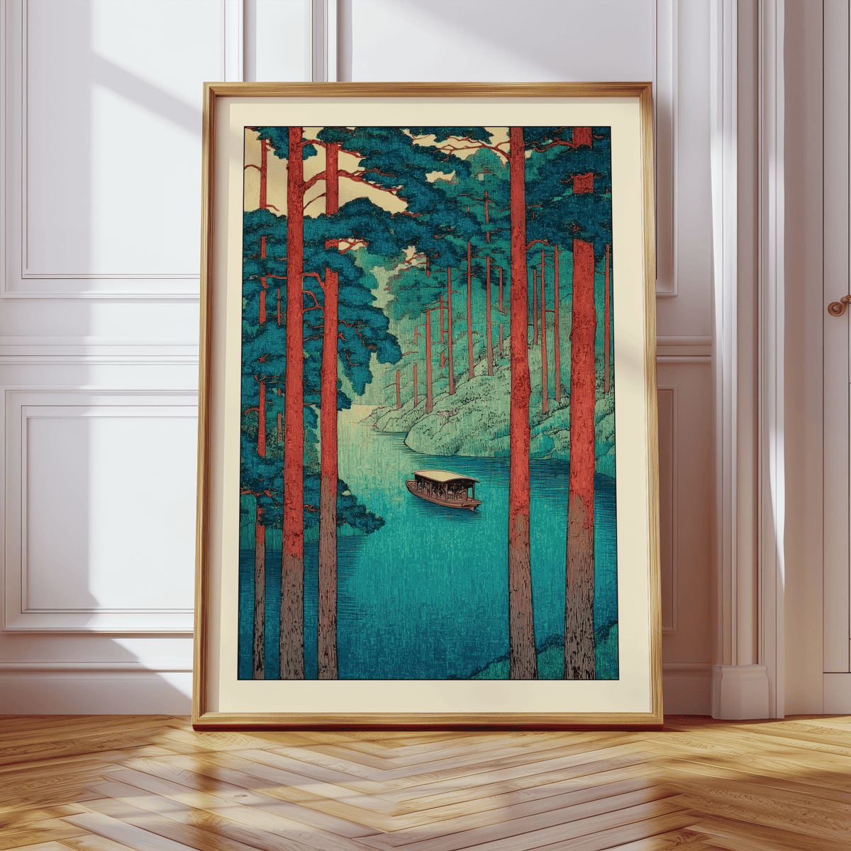 Vertical forest river poster with a covered boat centered on calm water and strong tree trunks