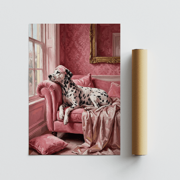 Dalmatian Art Print with Pink, White, Black colors for stylish hallway decor