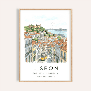 Lisbon City Art Print showing yellow tram and tiled street