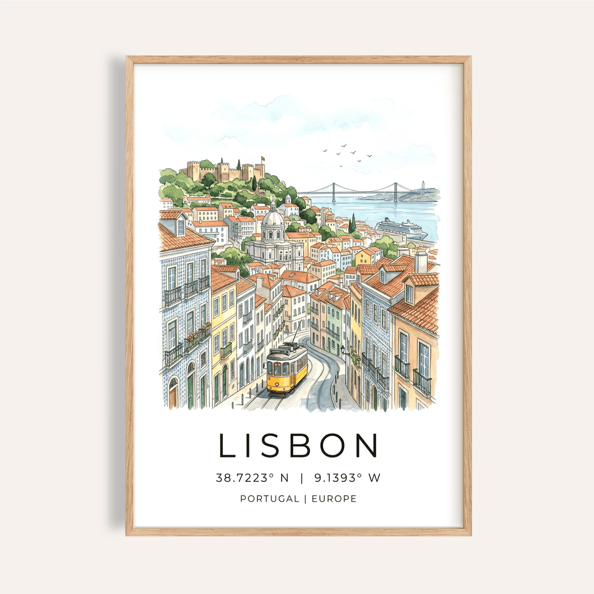 Lisbon City Art Print showing yellow tram and tiled street