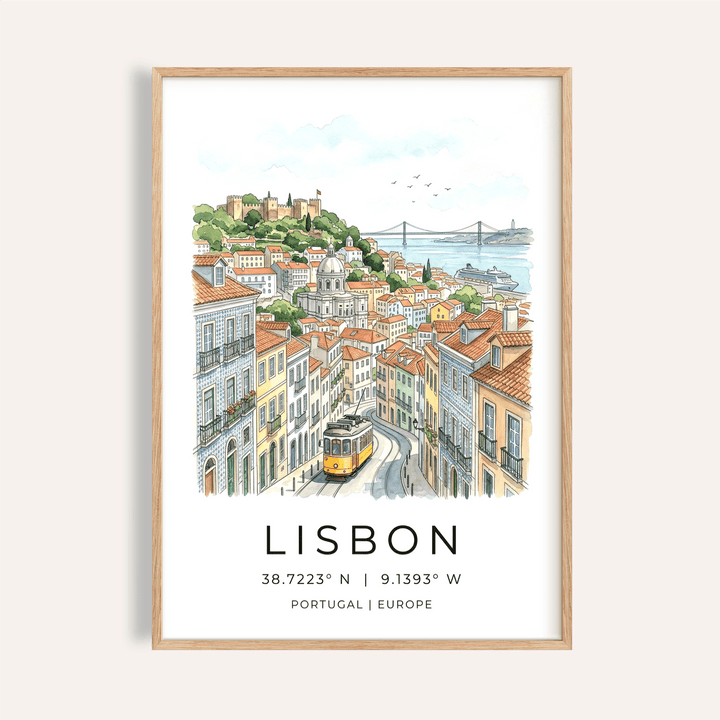Lisbon City Art Print showing yellow tram and tiled street