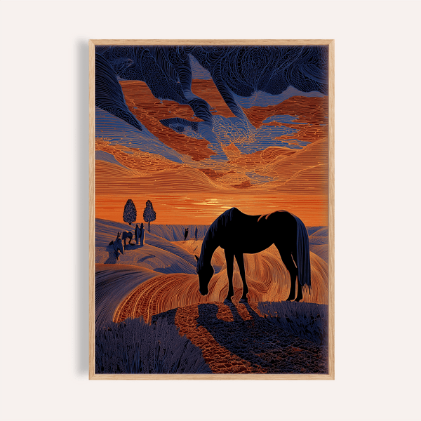 Horse Sunset Art Print showing grazing silhouette under layered sky