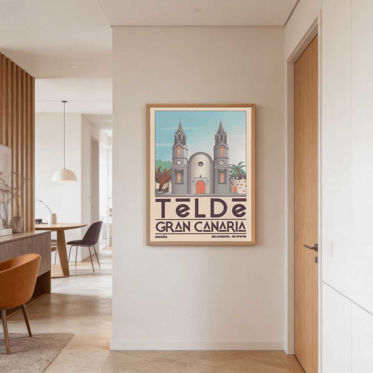 Minimal travel wall art print with symmetrical church towers, central arch, and palm trees scene
