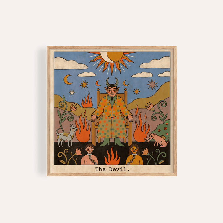 Front view of Tarot Card Devil Art poster showing horned figure on a throne, flames, and sun and moon symbols