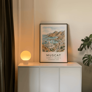Muscat Art Print showing curved marina, whitewashed buildings, and rocky peaks