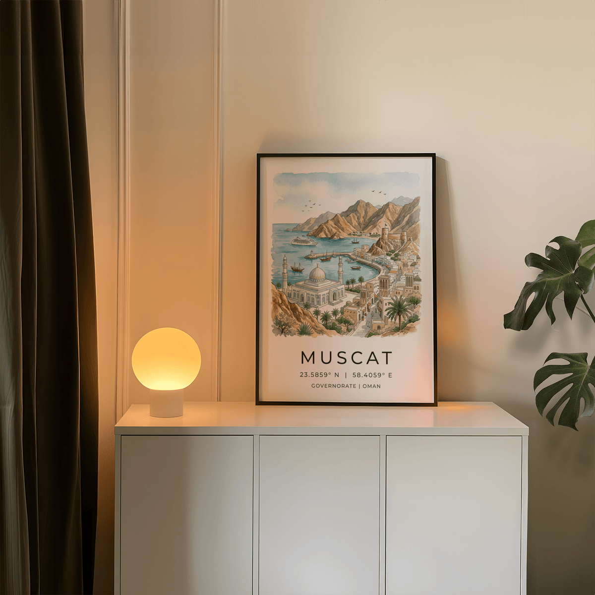 Muscat Art Print showing curved marina, whitewashed buildings, and rocky peaks