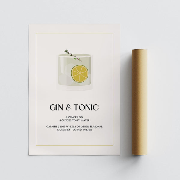 Minimalist Gin and Tonic recipe art for kitchen or bar gallery walls.