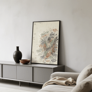 Typographic graffiti wall print with crosshatch lines and tag-style writing