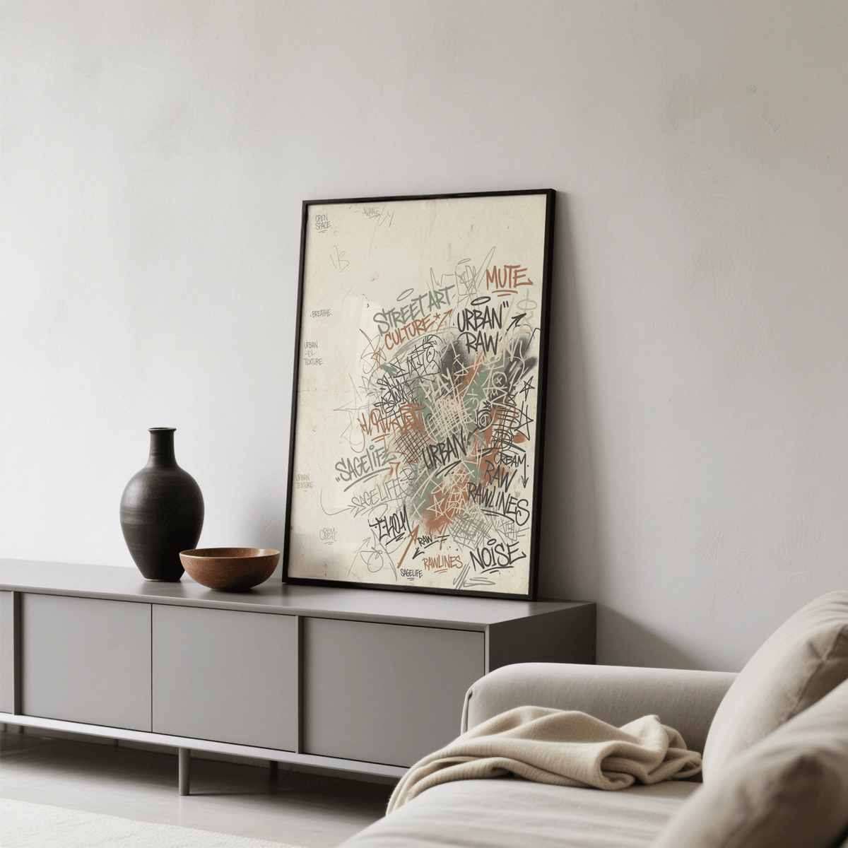 Typographic graffiti wall print with crosshatch lines and tag-style writing