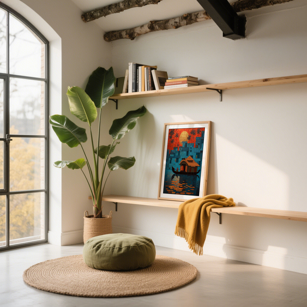 Illustrated wall art print of a traditional houseboat cabin floating across rippled water