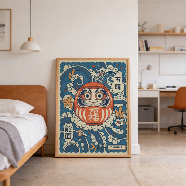 Japanese folk art print with maple leaves and cloud motifs