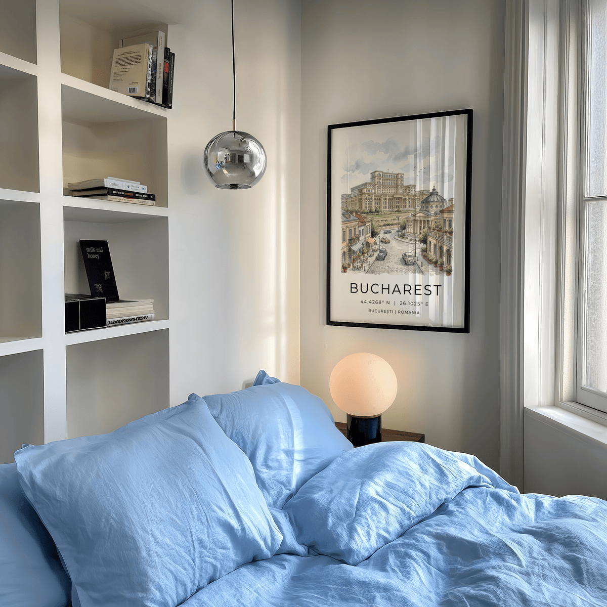 Colorful townhouses flanking wide boulevard in perspective architecture poster design